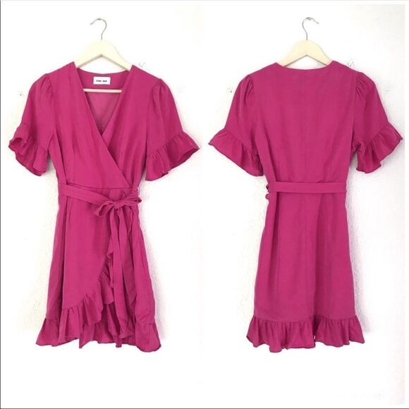 LINE + DOT Cherie Mini Wrap Dress Ruffle V-Neck Short Sleeve Fuchsia Pink Medium - Picture 3 of 15